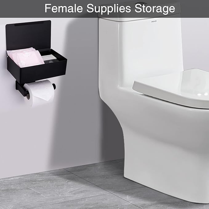 Adhesive Toilet Paper Holder with Shelf and Storage, Wall Mount Toilet Paper Roll Holder & Flushable Wipes Dispenser Set Fits Any Bathroom, Stainless Steel Tissue Holder-Round, Black