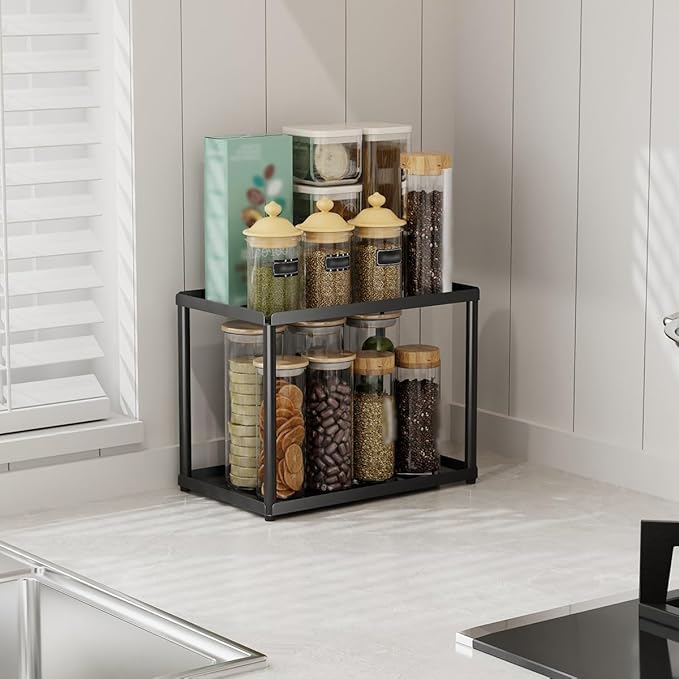 2 Tier Bathroom Counter Organizer, Rectangular Vanity Organizer Shelf, Skincare and Makeup Countertop Storage Rack for Kitchen, Bathroom, Bedroom, Black (Standard Version)