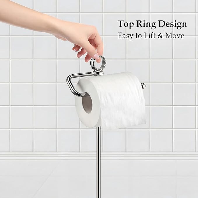 ROLABAM Modern Free Standing Toilet Paper Holder with White Marble Pattern Weighted Base, Brushed Nickel Rustproof Metal Tissue Stand, Decorative Bathroom Floor Roll Holder