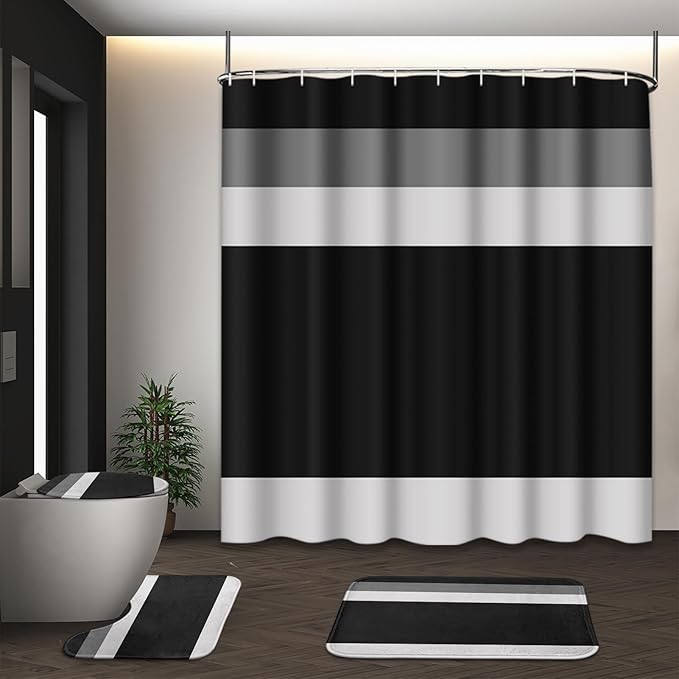 Striped Black Shower Curtain Set with Toilet Lid Cover and Non-Slip Rugs for Bathroom, Minimalist Grey Geometric 4 Pcs Shower Curtain, Modern Bathroom Set with 12 Hooks