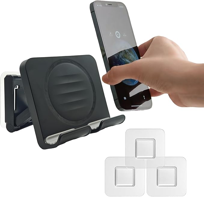 Wall Mount Shower Phone Holder with 3pcs Adhesive Stickers | Adjustable and Removable Phone Stand for Bathroom Kitchen | Cellphone Holder for iPhone Samsung Galaxy Tablet Switch - Black