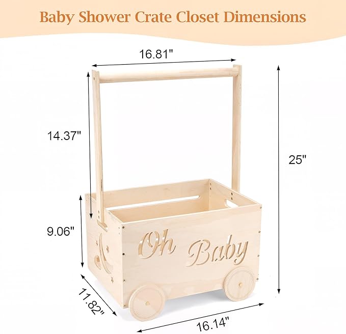Wooden Baby Shower Crate Closet, Baby Shower Gifts Basket for Newborn Boys Girls, Personalized Babyshower Crate Box with Handle & Wheels, Pregnancy Gifts Xmas Present for New Mom Parents