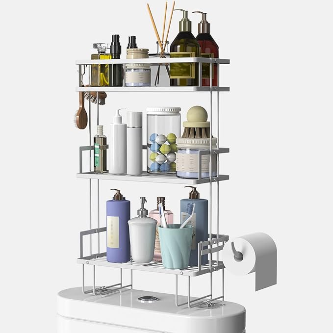 FLOLXNB Over The Toilet Storage,3-Tier Bathroom Organizer Shelves with Paper Holder, Multifunctional Toilet Rack,No Drilling Storage Shelf, Home Storage Space Saver Wall Mounting Design,White