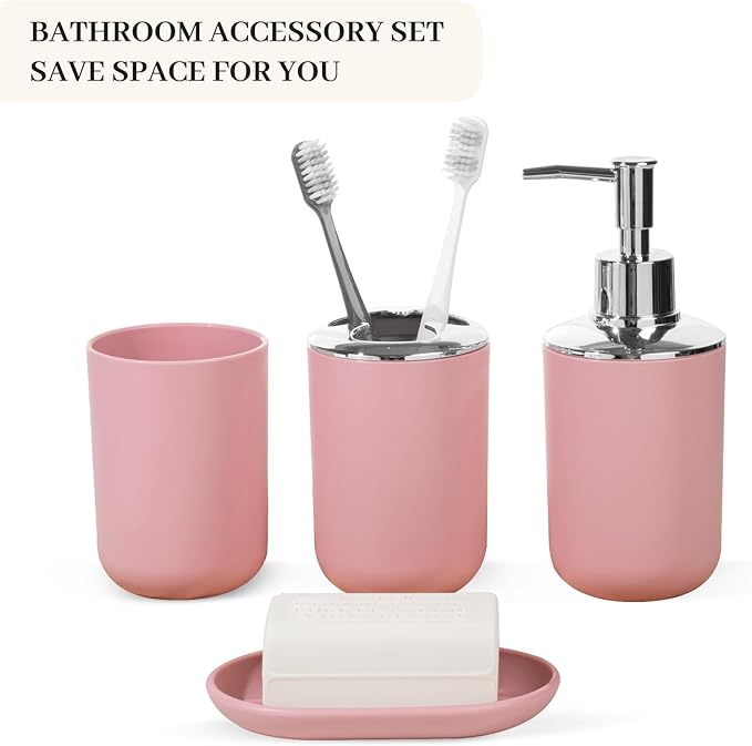 Bathroom Accessory Set, 4 Pcs Plastic Bathroom Set Include Soap Dispenser, Soap Dish, Toothbrush Holder, Mousewash Cup, Modern Bahtroom Décor Set, Space Save for Bathroom(Light Pink)