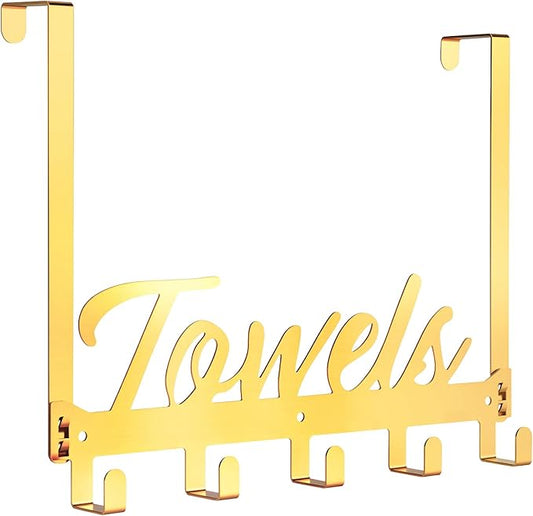 Azmoncy Over The Door Hooks, Towel Rack Towel Hooks for Bathroom, Towel Holder for Hanging Heavy Duty, Door Rack Over Door Hanger with 5 Coat Hooks for Bedroom Bathroom Kitchen（Light Gold）