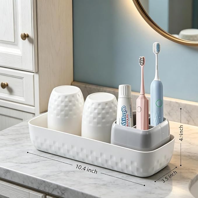 Toothbrush Holder for Bathroom, Electric Toothbrush and Toothpaste Organizer with 2 Cups, Bathroom Accessories Set for Kids and Families, White & Grey