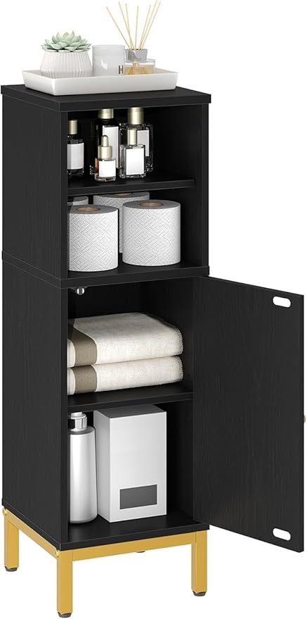 Hzuaneri Bathroom Storage Cabinet, Corner Floor Cabinet with Shelves, Customized Door Opening Direction, Bathroom Organizer with Adjustable Shelf for Kitchen, Living, Toilet Paper Cabinet, Black