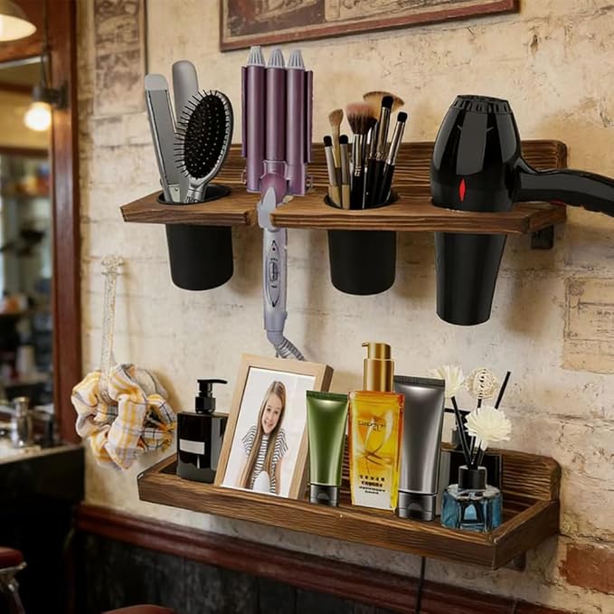 Hair Tool Organizer Wall Mount Holder, 2 Layer Rustic Blow Dryer Holder, Hair Product Wooden Storage Shelf for Hair Dryer, Curling Iron, Hot Tools, Vanity Accessories, Makeup, Toiletries(Dark Brown)