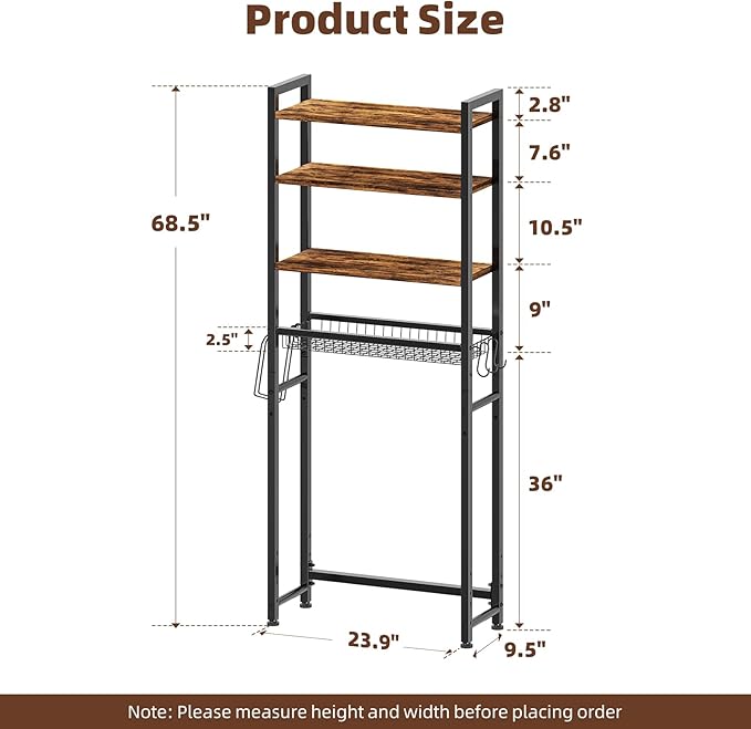 Ekisemio Over The Toilet Storage Rack, 4 Tier Over Toilet Shelf with Adjustable Feet, Freestanding Bathroom Organizer with Wooden Shelves, Hooks, Paper Holder, Vintage Brown