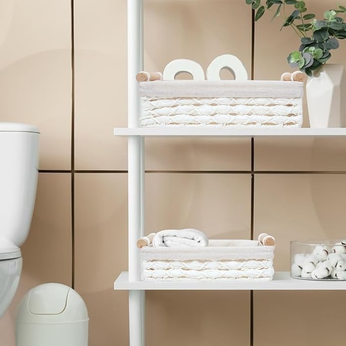 Storage Basket Wicker Baskets for Organizing with Handle Decorative Storage Bins for Countertop Toilet Paper Storage Basket for Toilet Tank Top Small Baskets Set (Set of 2,White)