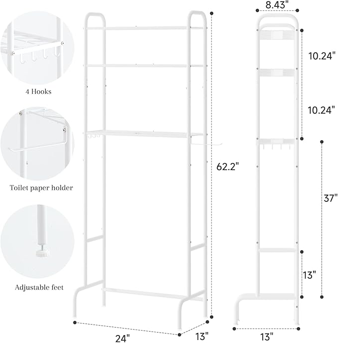 STDDRE 3-Tier Over The Toilet Storage Space Saver with Paper Holder Freestanding Rack Metal Bathroom Shelves with Hooks Above The Toilet Storage Shelf (White, 3 Tier)
