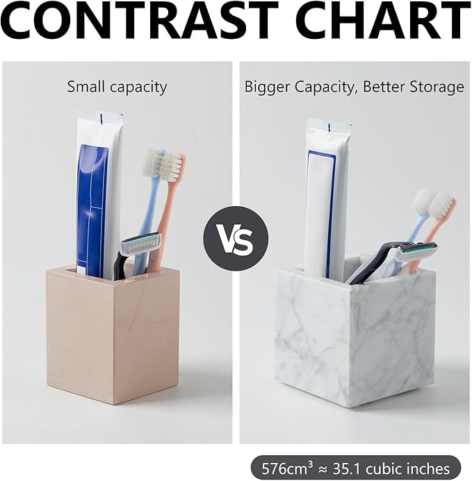 Real Luxurious Natural Marble Toothbrush Holder & Makeup Brush Organizer & Pen Holder for Desk,3.93inch Square Marble Utensil Holder Non-Ceramic/Non-Resin （White）