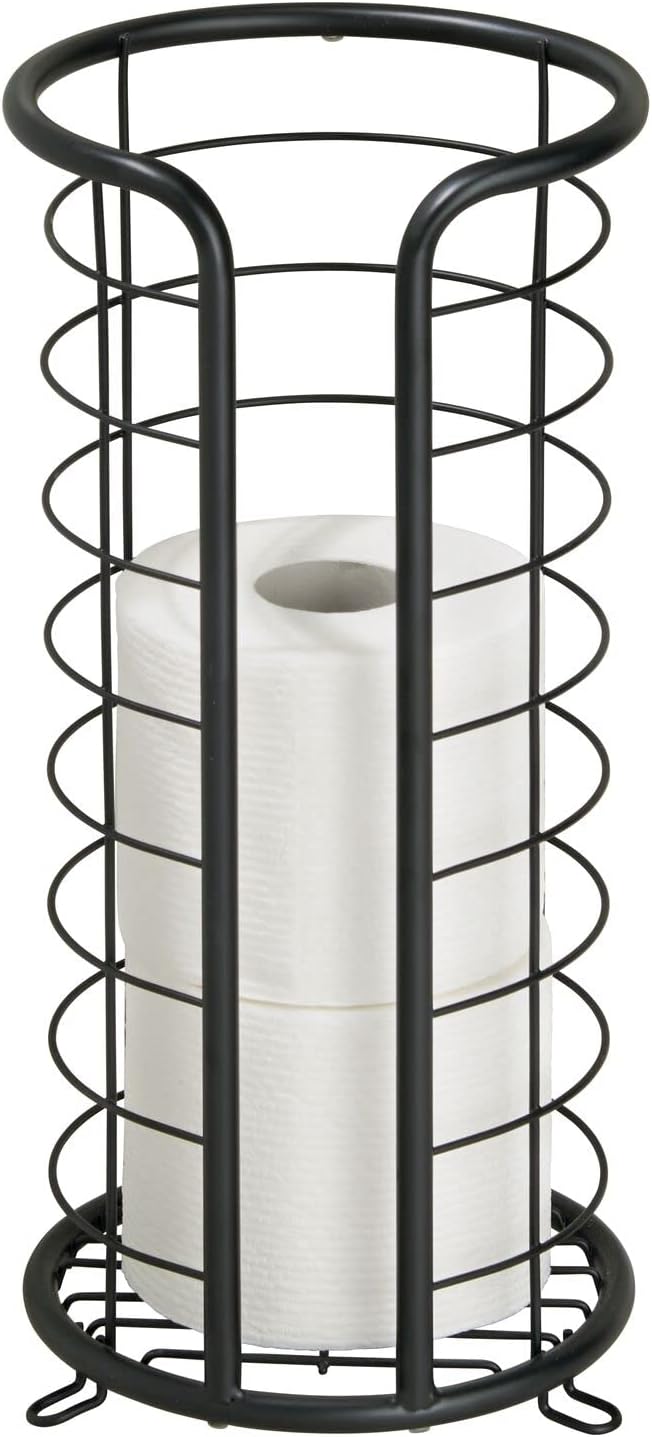 mDesign Metal Toilet Paper Holder Stand - Storage Reserve for 3 Rolls of Toilet Tissue - Freestanding Toilet Paper Holder - Stylish Bathroom Floor Toilet Paper Stand - Omni Collection - Matte Black