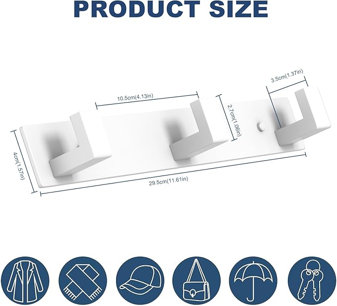 PMMASTO Stainless Steel Coat Rack Wall Mounted, Heavy Duty Metal Hook Rail for Hanging Coats Hats Towels Robes Bags, Modern Wall Hooks Organizer (White, 3 "L Hooks, 2 Pack)
