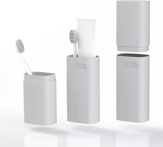 HyJeryty Ventilated Compact Grey Toothbrush Travel Case, Portable Toothbrush & Toothpaste Holder Cover Organizer Container with Mouthwash Cup for School, Camping, Business Trip, Bathroom Storage