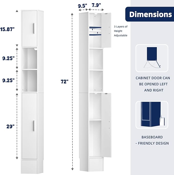 MOHOPE Narrow Bathroom Storage Cabinet, 72" Tall Slim Bathroom Cabinet with 2 Doors & Adjustable Shelves, Skinny Freestanding Floor Cabinet for Small Spaces, Living Room, White