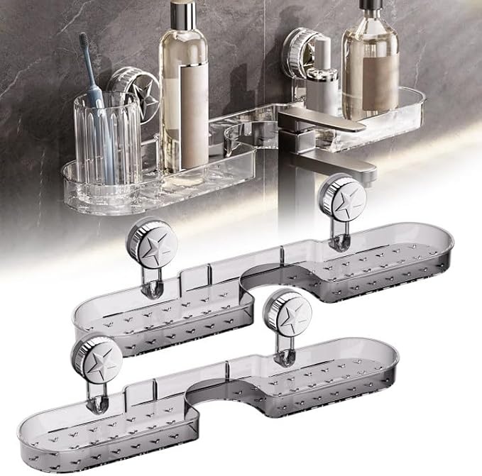 LECDOA Corrugated Suction Cup Storage Holder, 2025 New Movable Shower Shelf Suction Cup, No-Drill Wall-Mounted Storage Shelf, Luxury-Style Glacier Pattern (New Black 2pcs)