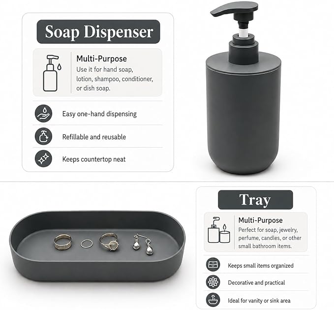 4-Piece Dark Gray Bathroom Accessory Set, Plastic Home Organizer with Lotion Soap Dispenser, Tumbler, Cotton Swab Cup & Vanity Tray – Modern Home Decor for Any Bathroom