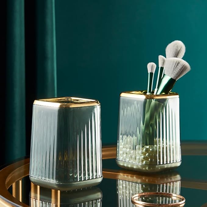 Makeup Brush Cup Holder Organizer for Vanity, Acrylic Vintage Green Make Up Brushes Holders Container Storage with Striped Design for Bathroom Countertop, Cute Pen Pencil Holder Cosmetic Cup for Desk