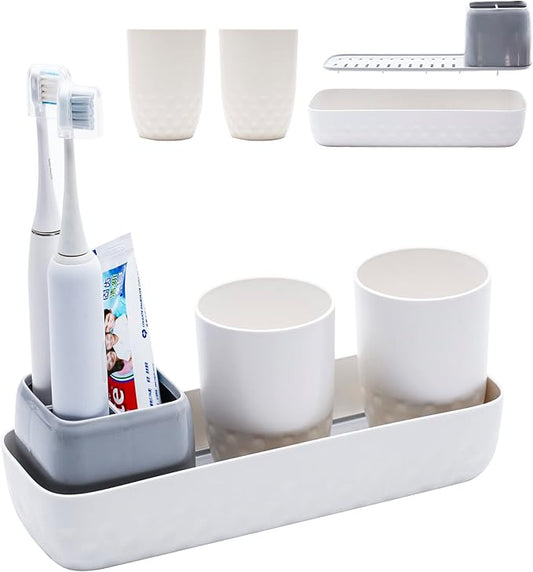 Ayswupt Toothbrush Holders for Bathrooms,Kids Electric Toothbrush Holder with 2 Cups Set,White Tooth Brush Toothpaste Caddy Storage,Small Bathroom Countertop Organizer Stand for Men Farmhouse Family