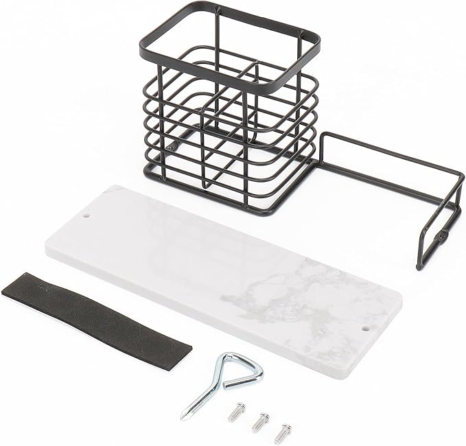 Toothbrush Holder, Luxurious Metal Toothbrush Toothpaste Holder with Marble Base for Bathroom, Multi-Slots Openwork Design, Bathroom Accessory for Storage and Organizer (Large, Matte Black)
