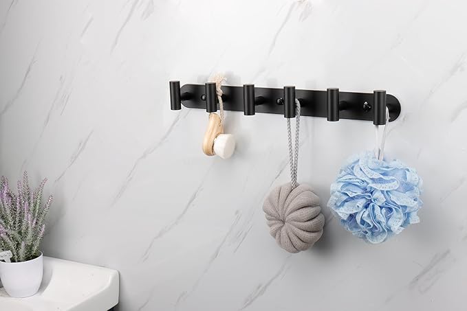 Coat Hook Rack, Wall Mounted Coat Rack with 12 Hooks, Heavy Duty Towel Hooks Rack Wall Hooks for Hanging Clothes, Stainless Steel Coat Hanger for Bathroom Entryway Mudroom(Matte Black)