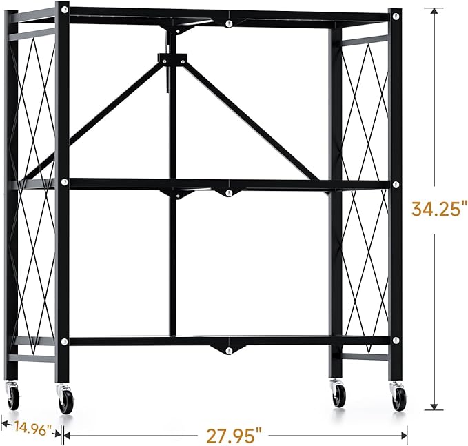 HealSmart 3-Tier Foldable Metal Heavy Duty Storage Shelving Unit with Wheels, Organizer Shelves for Garage Kitchen Holds up to 750 lbs Capacity, Black