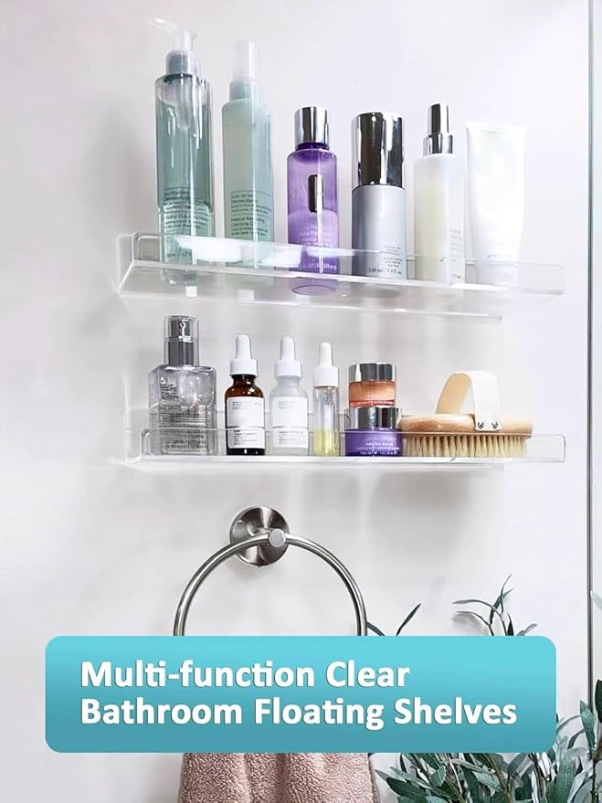 Albumgit 4 Pack Acrylic Shelves for Wall Storage, Self-Adhesive 15" Clear Floating Shelf for Pop Figures, Picture, Perfume, Books, Wall Shelf Organizer for Bathroom, Living Room, Bedroom, Kitchen
