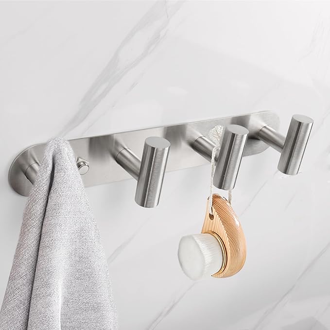 Coat Hook Rack, Wall Mounted Rack with 4 Hooks, Heavy Duty Towel Rack Wall Hooks for Hanging Jacket, Stainless Steel Coat Hanger for Bathroom Entryway Mudroom (Brushed Nickel)