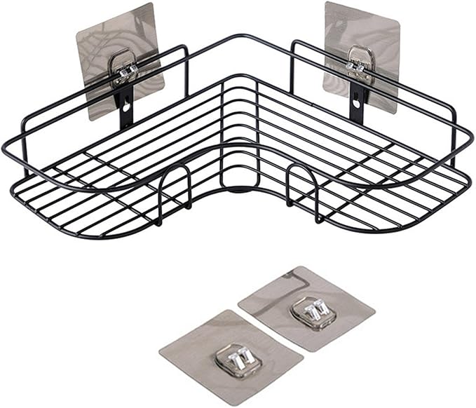 1-Shelf Modern Black Iron Corner Shower Caddy, Strong & Durable, No Drill Wall Mounted Shower Shelf for Bathroom, Kitchen, Bedroom, Office
