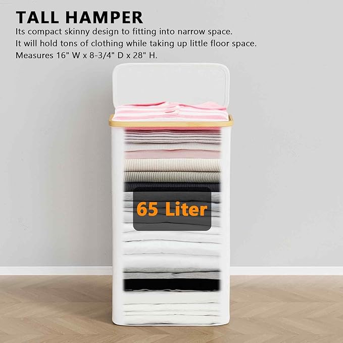 SpaceAid Slim Laundry Hamper with Lid, 65L Narrow Clothes Basket Bin with Bamboo Handles, Skinny Tall Collapsible Hamper for Bedroom, Bathroom, Dorm, Laundry Room - White