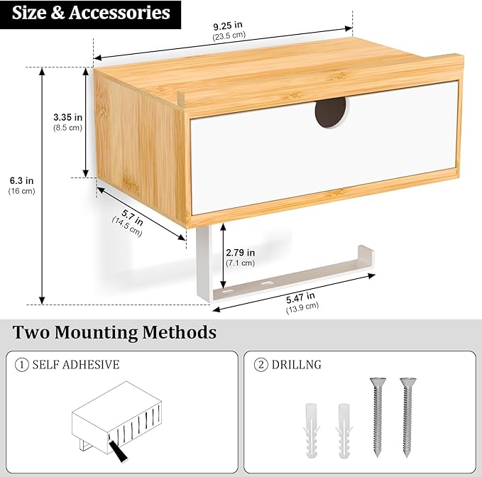Domax Toilet Paper Holder with Shelf,Wall Mount/Adhesive Bathroom Toilet Paper Holder,Bamboo Wood Tissue Toilet Roll Holder with Storage Drawer for Organizer Wipes,Fits Any Room, Bamboo+White, Large