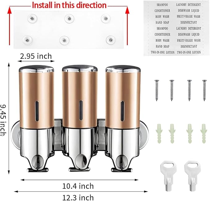 3 in 1 Wall Mounted Bathroom Shower Pump Dispenser and Organizer-Holds Shampoo, Soap, Conditioner, Shower Gel, for Bathroom Kitchen Hotel (Gold 3 Chamber)