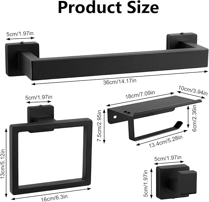 Tudoccy 5-Pieces Matte Black Bathroom Accessories Set, Bathroom Hardware Set SUS304 Stainless Steel Rustproof Wall Mounted - Includes 16" Hand Towel Bar, Toilet Paper Holder with Shelf, Towel Hooks