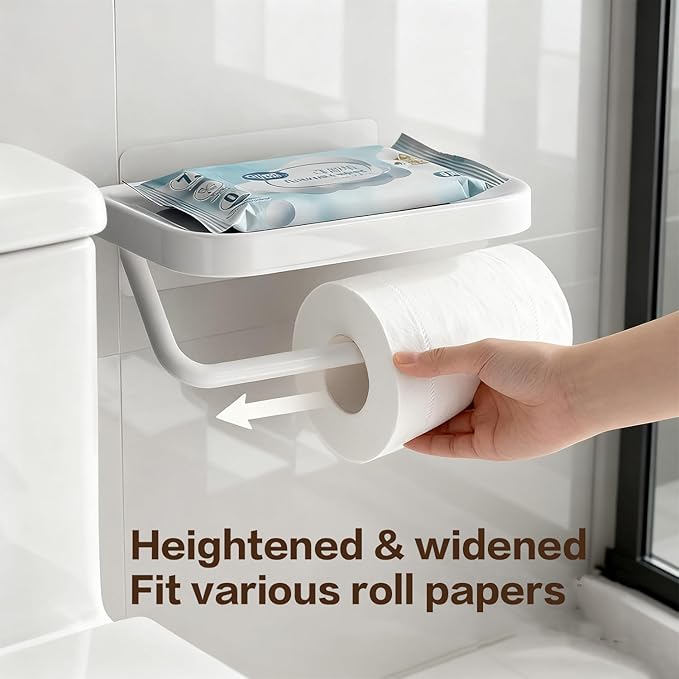 Self Adhesive Toilet Paper Holder with Shelf, No Drill Wall Mounted Bathroom Tissue Holder, Sticky TP Roll Holder with Phone Shelf for RV, White