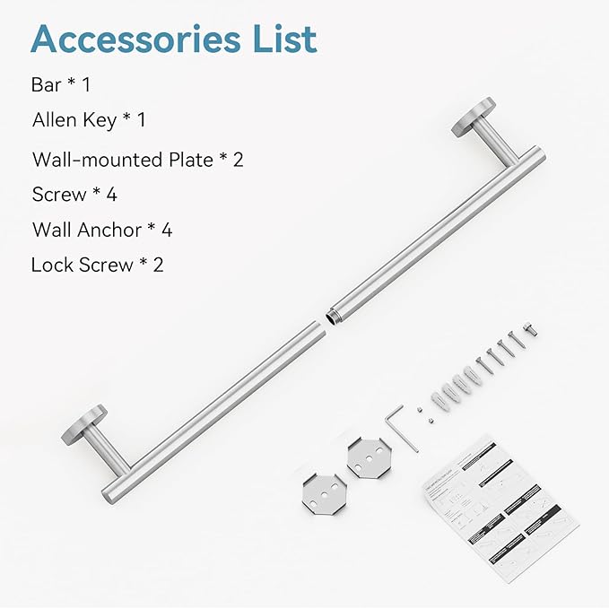Brushed Nickel Towel Bar, 24 Inch Towel Rack for Bathroom Wall-Mounted, SUS304 Stainless Steel, Total Length 26 Inch