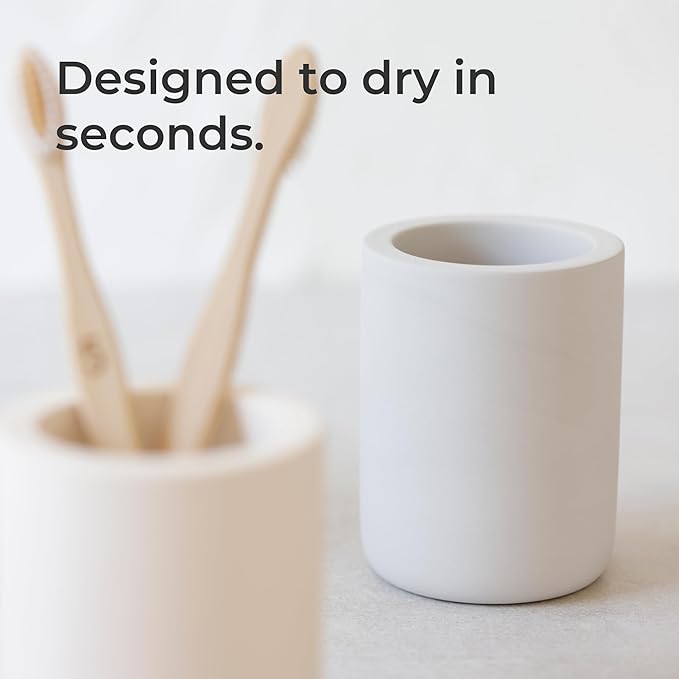 Selegna Diatomite Drying Stone Toothbrush Holder, Modern Ceramic-Look Countertop Cup with Drainage for Bathroom, Quick Drying Electric Toothbrush & Toothpaste Organizer, Stoneware Finish