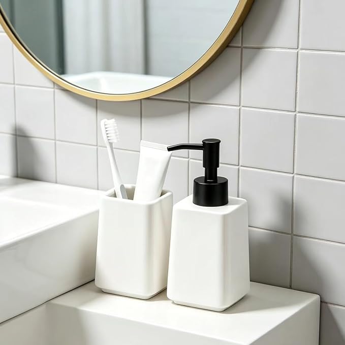 White Bathroom Accessories Set 2Pieces,Ceramic Soap Dispenser and Toothbrush Holder,Modern Decor Bath Set with Toothbrush Cup