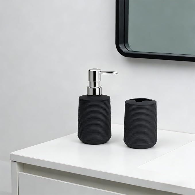 Bathroom Accessories Set, Bathroom Soap Dispenser & Toothbrush Holder Set, 2 Piece High Capacity Organizer in Black, Minimalist Boho Style for Clutter Free Bathroom