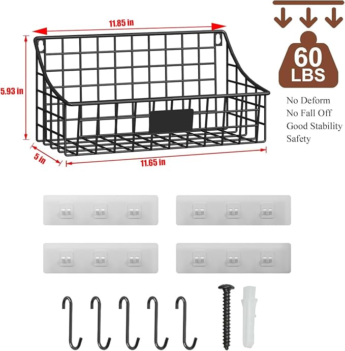 Sonyabecca Hanging Wall Wire Basket-4Pack,Large Metal Organizer Baskets & Bathroom Shower Shelf with 4 Adhesive Hooks+5 S Hook, Wall Mounted Baskets & Shelves for Bathroom, Kitchen Storage