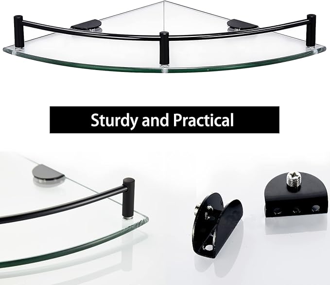 Bathroom Corner Shower Caddy, 9.5" Tempered Glass Bathroom Shelves Wall Mounted, 2 Tier Clear Shower Caddy Organizer and Storage, Corner Shelf Wall Mounted with Stainless Steel Rail - Black