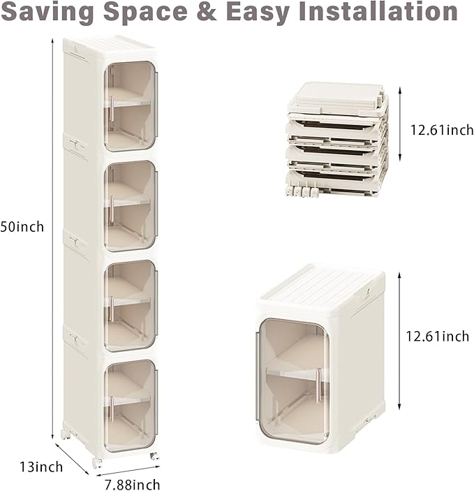 4-Tier Slim Bathroom Storage Cabinet, Tall Narrow Storage Cabinet with Movable Wheels, Adjustable Shelves, Skinny Bathroom Storage Organizer for Small Space, Bathroom, Kitchen, Laundry, Cream White