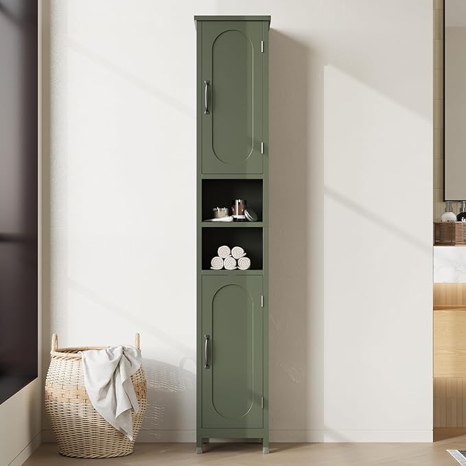 Hawkrown 67" Tall Bathroom Storage Cabinet with Lights, Slim Narrow Bathroom Cabinet Organizer with Doors and Adjustable Shelves, Tall Cabinet for Small Space (66.9" Tall-Green with Light)