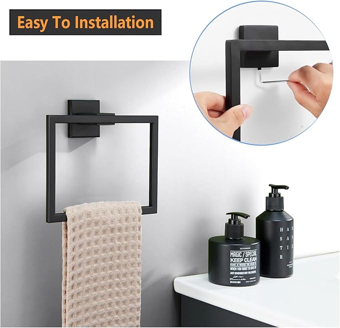 JOPOFI Towel Ring - Thicken SUS 304 Stainless Steel Towel Holder, Towel Racks for Bathroom, Square Modern Design Hand Towel Holder, Contemporary Hand Towel Bar - Matte Black