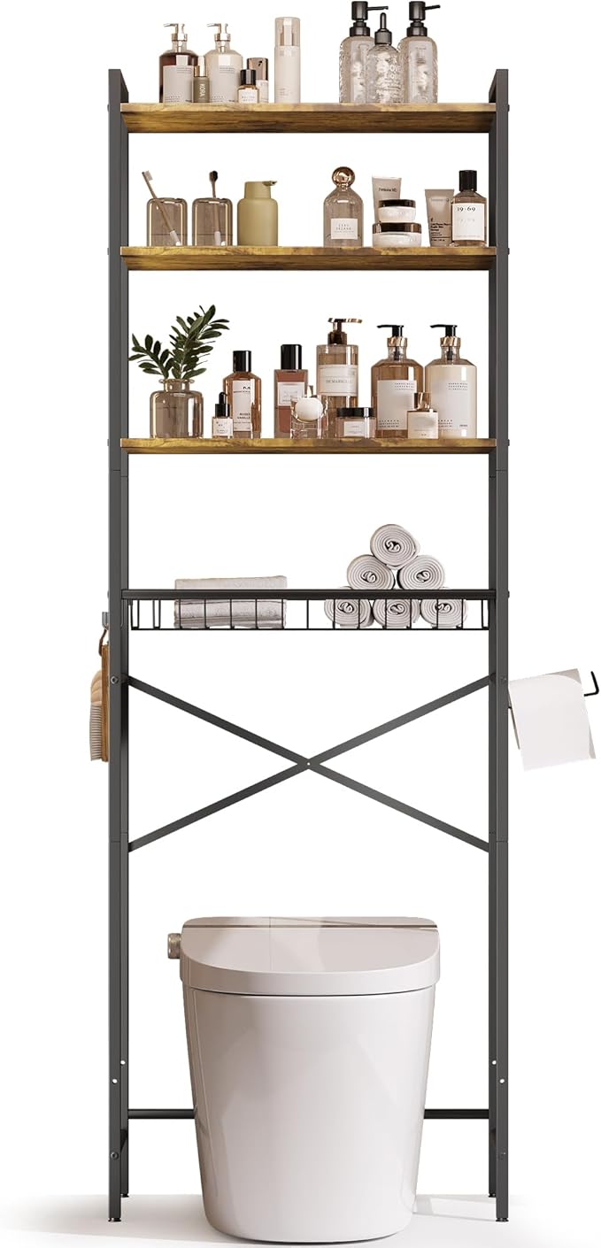 Gizoon Over-The-Toilet Storage Rack with Adjustable Shelf and Basket, 4-Tier Freestanding Space Saver Bathroom Shelves Above Toilet for Room