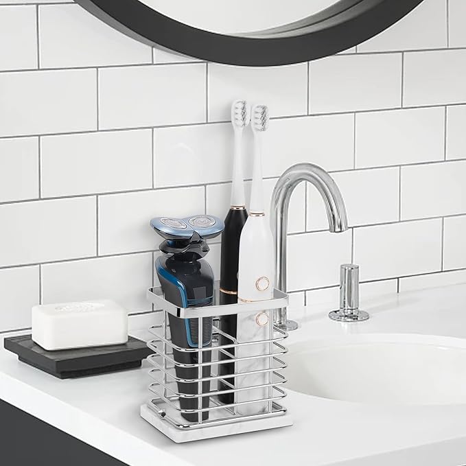 Toothbrush Holder, Luxurious Metal Toothbrush Toothpaste Holder with Marble Base for Bathroom, Multi-Slots Openwork Design, Bathroom Accessory for Storage and Organizer (Small, Chrome)