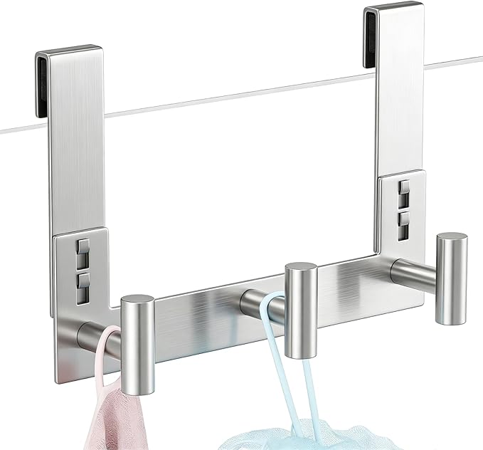 PMMASTO No-Drill Extra Long Shower Hooks, Fits 3/8" Thick Door, Heavy Duty Stainless Steel Towel Hooks for Frameless Glass Shower Door, Holds Bathrobe Towel (Silver, 3 T-Hooks)