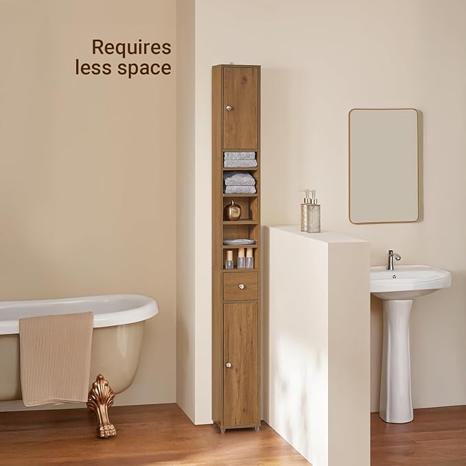 SoBuy Bathroom Narrow Storage Cabinet Skinny Tall Unit with Adjustable Shelves Slender Anti-Tipping Floor Standing Cupboard, Natural BZR34-PF