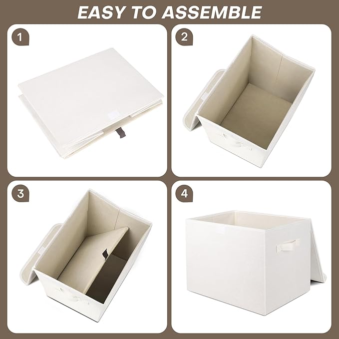 Bagnizer Large 17" 42 Quarts Collapsible Stackable Storage Bins with Lids [3-Pack] Foldable Fabric Linen Storage Boxes Cube, Closet Organizer Baskets with Label (16.7 x 12 x 12, White)