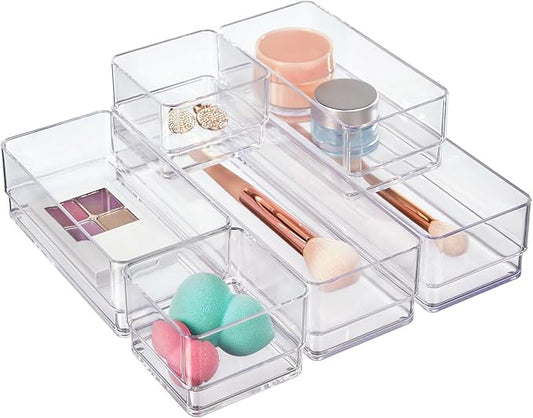 STORi SimpleSort Drawer Organizer Bins 6 pc Set, Multi-size, Bathroom Organizers and Storage, Makeup Organizer, Desk Organizer, Vanity Organizer, Clear Organizing Containers, Made in USA